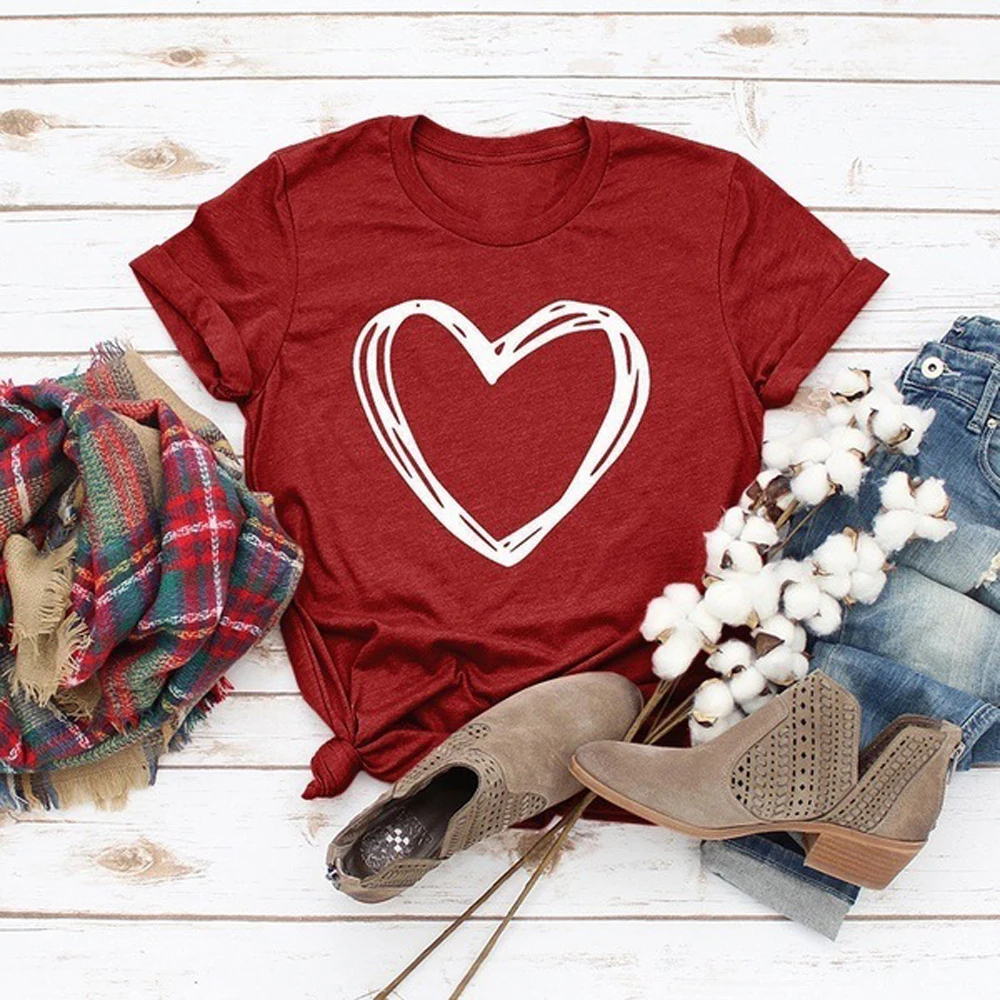 

Women T shirt Summer New 2019 O-Neck Short Sleeve Tee Shirt Casual Heart Love Printed T-shirt Tops Plus Size 7Colors WDC2519