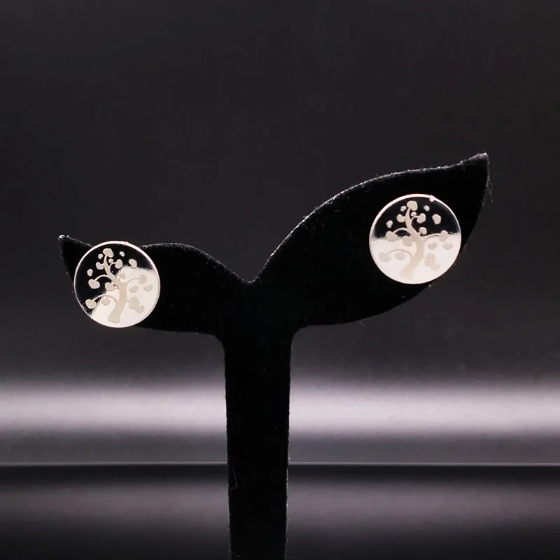

5PCS Love Stainless Steel Tree of Life Stud Earrings Women Round Silver Color Earrings Jewelry pendientes acero inoxidable mujer