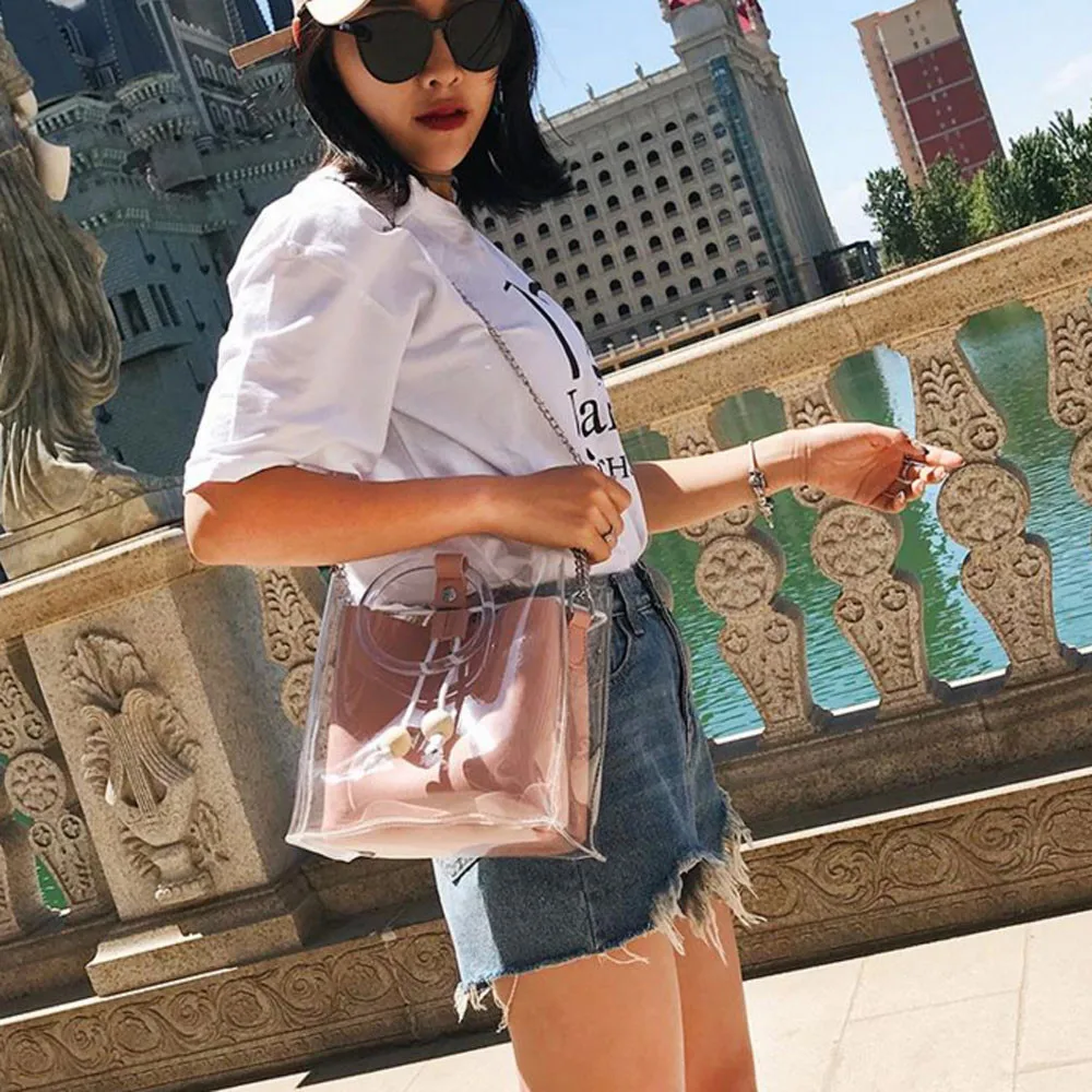 Модная женская брендовая сумка на плечо прозрачная завязка Милая композитная сумка для девочек Женская сумка-мешок