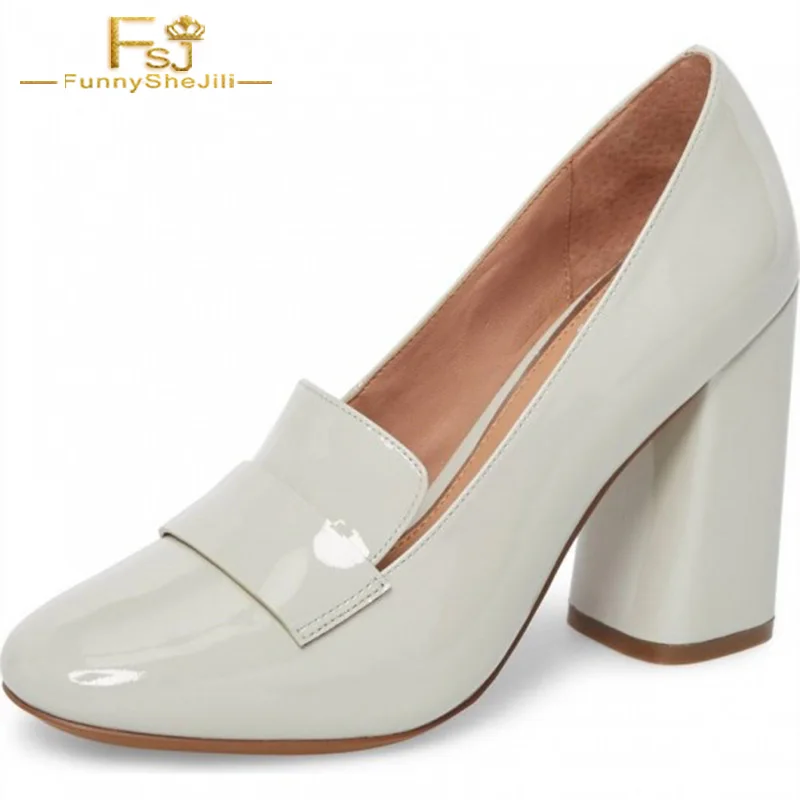 

FSJ Women Shoes Ladies Pumps Beige Round Toe Patent Leather Block Heel Loafers 2108 Spring Autumn Big Size Shoes11 12 113