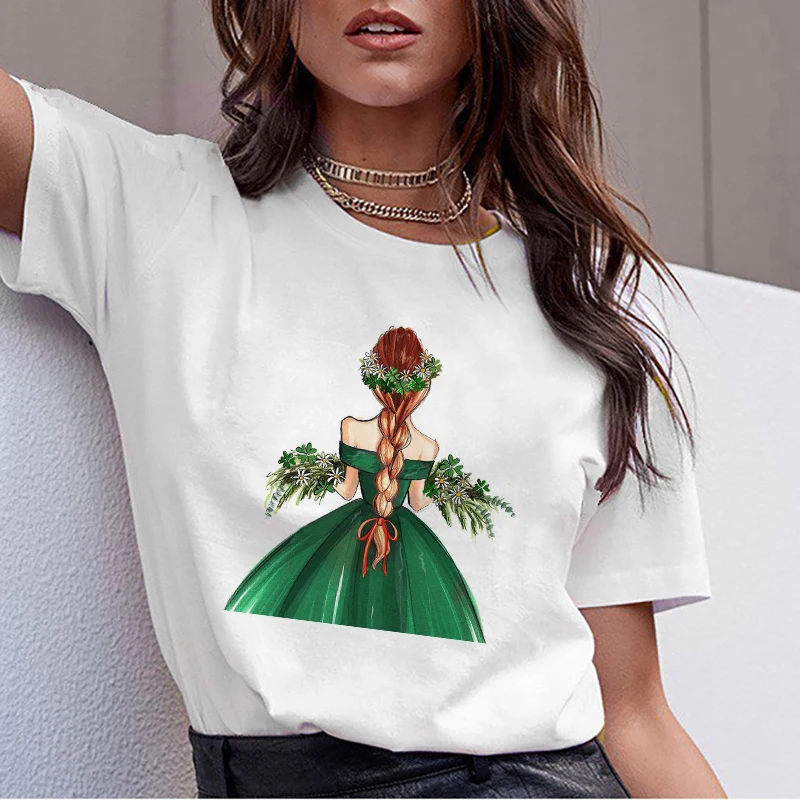 

Camisetas Verano Mujer 2019 Women Harajuku T Shirt Aesthetics Green Dress and Flowers Korean Tops Streetwear Tee Shirt Femme
