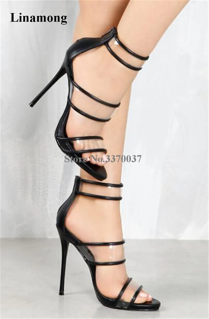 

Newest Women Fashion Open Toe Three Transparent Straps High Heel Sandals Thin Heel PVC High Heel Sandals Formal Dress Shoes