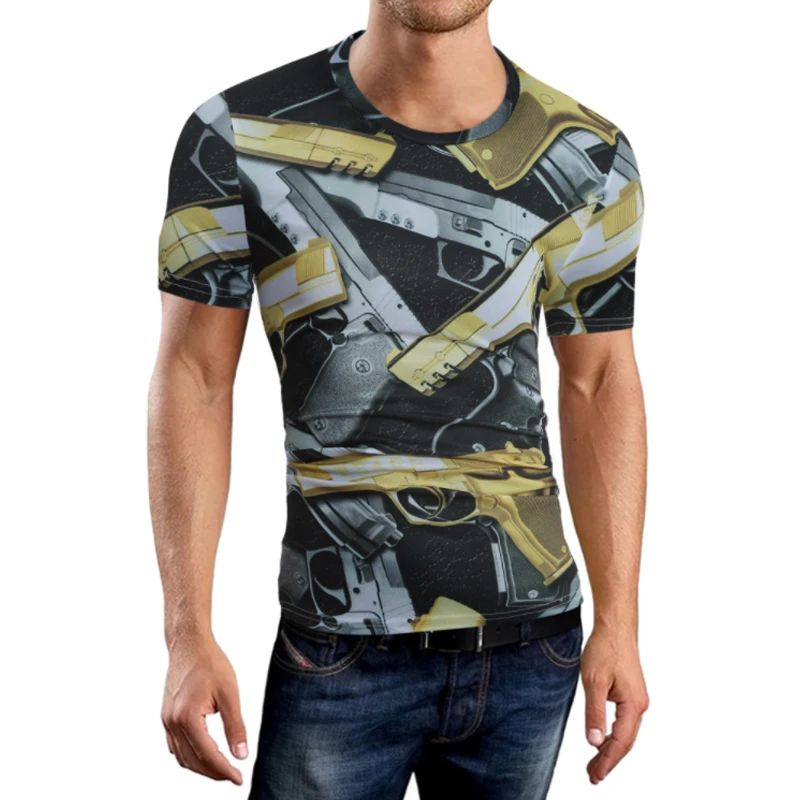 Male 2018 Brand Short Sleeve Print Pistol Pattern T Shirt O Neck Slim
