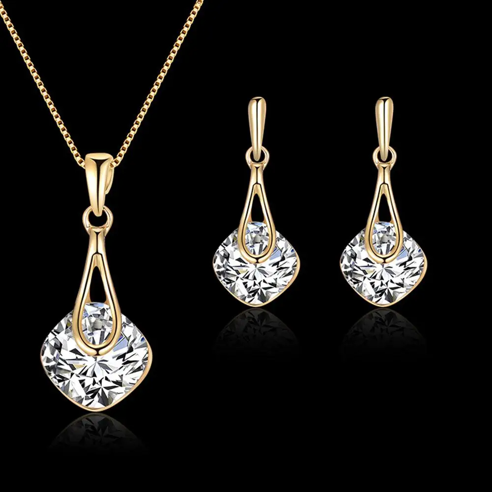

Water Drop Pendant Square Rhinestone Ear Stud Earrings Necklace Lady Jewelry Set dropshipping