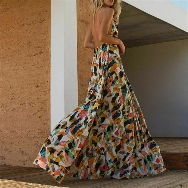 

Fashion Bohemian Colourful Color Print Women Dress 2019 Summer New Sleeveless Sexy Halter Maxi Long Beach Dresses Vestidos