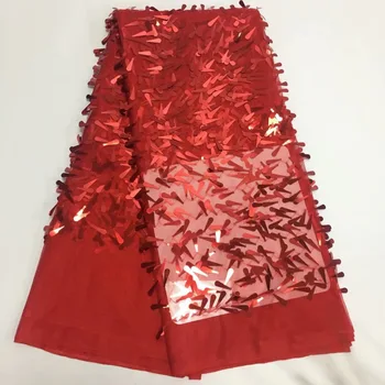 

French Net Lace Fabric 2018 Latest African Guipure Lace Fabric with Embroidery Mesh Tulle Red Cord Sequins Lace Fabric Wedding
