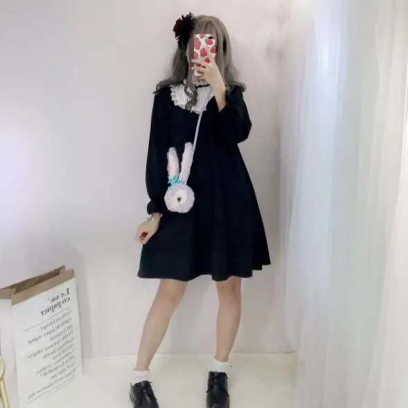 

2019 Japanese Cute Black Dress Women Kawaii Bow Lace Gothic Harajuku Style Stand Collar Girls Lolita Mini Dress DV158