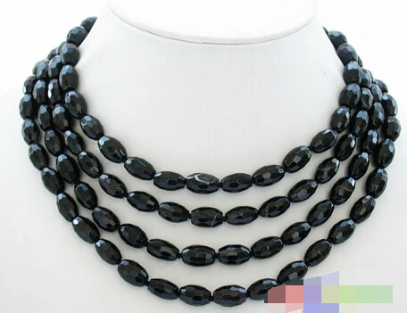 

Jew2779 long 66" 12MM ellipse faceted black agate BEAD NECKLACE
