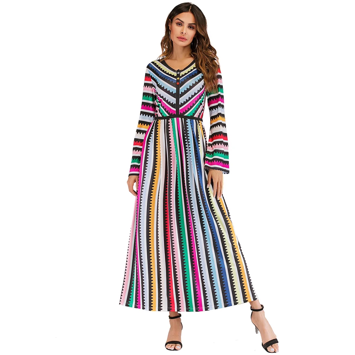 

Womens' Loose Soft V-Neck Muslim Islamic Clothing Boho Floral Print Full Length Long Sleeve Abaya Dubai Arab Dress