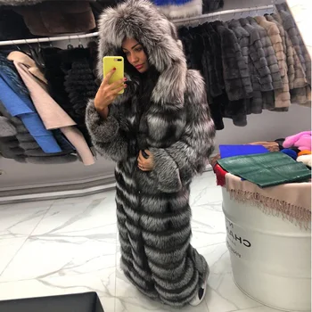

FURSARCAR Luxurious Thick Silver Fox Fur Coat Casual Women Real Fox Fur Jacket Waistcoat Down Winter Fur Hood X-Long Coats