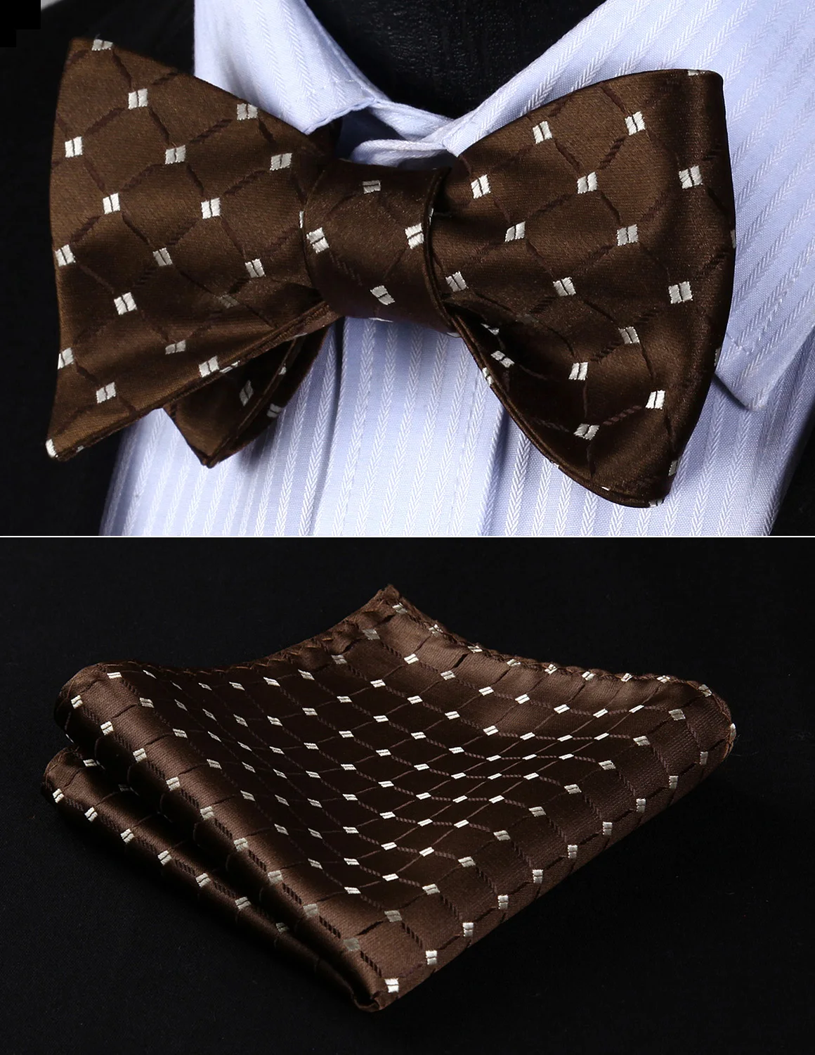 

Classic BC806ZS Brown Beige Check Bowtie Men Silk Self Bow Tie handkerchief set
