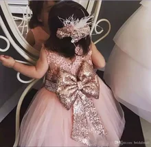 Baby Infant Toddler Birthday Party gown Blush Pink Rose Gold Sequins Bow Lace Tea Length Tutu Wedding party Flower Girl Dresses knee length blush pink flower girl dresstiered tulle cupcake toddler infant tutu girl birthday dress