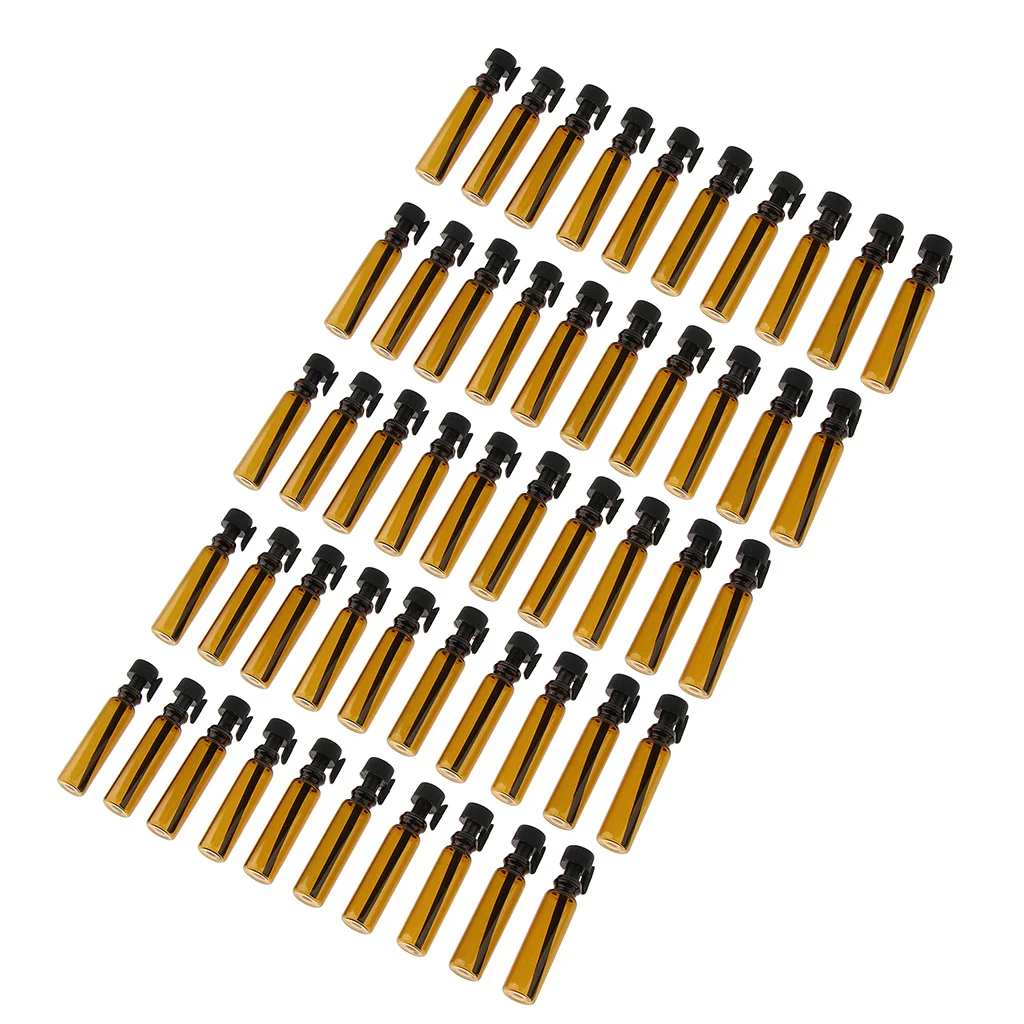 50Pcs Amber 1mL Travel Portable Mini Glass Bottles, Great for Storing Essential Oils,Lotion,Homemade Essence, Small DIY Vials
