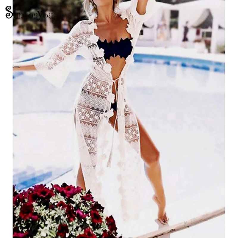 

Long Lace Beach Dress Sexy White Beach Cover up Plage Women Bathing suits Kmonos Mujer 2019 Pareo Beachwear Bikini Cover up