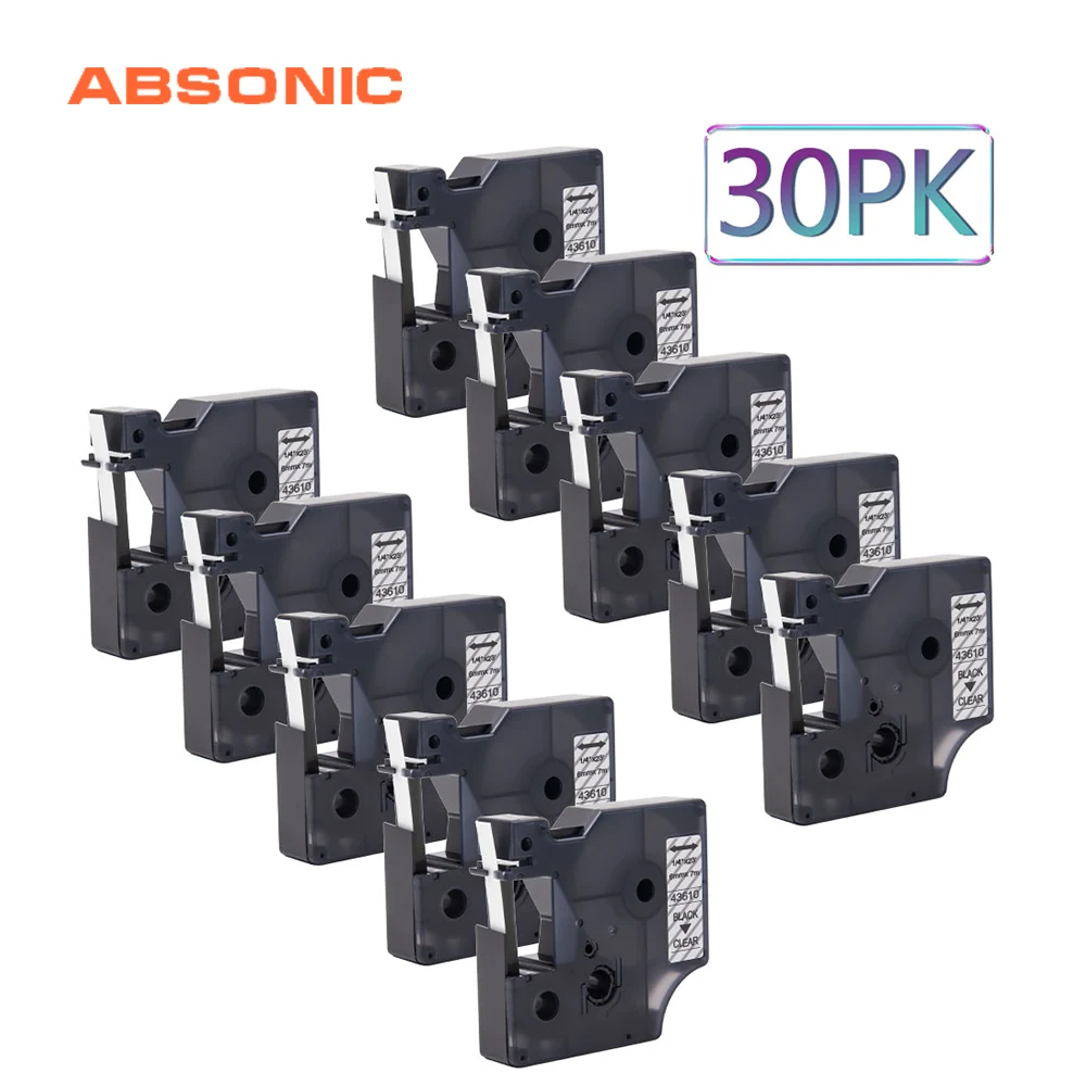 

Absonic 30PCS 6mm*7m Refill Cassette Compatible Dymo D1 43610 Printer Ribbon Black on Clear Label Tape for LabelManager 160 280