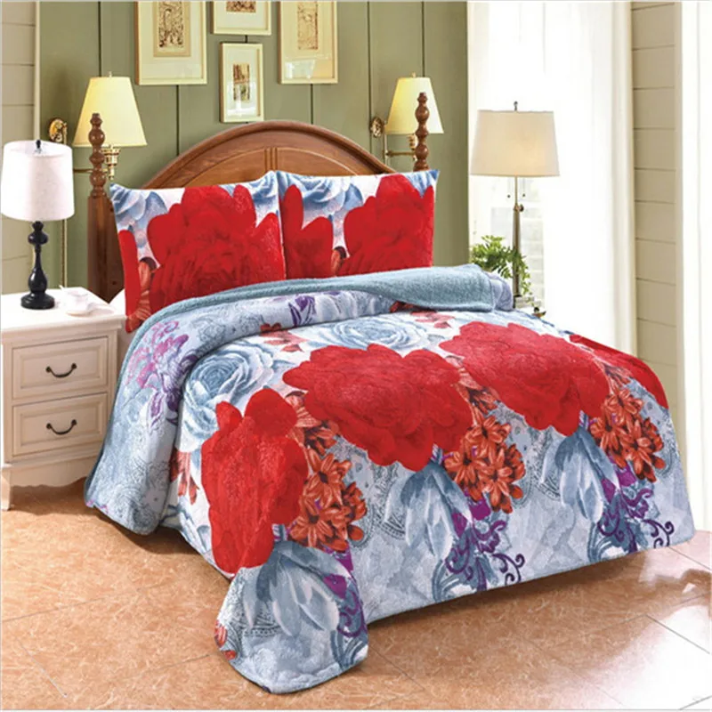 

1PC blanket / 2PC pillowcase flannel compound lamb double carpet three-piece set of Active printed multi-purpose blanket