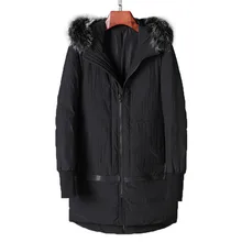 Новинка, Мужская стеганая парка, зимнее полиэстеровое пальто, толстые парки с воротником из меха енота, модное длинное пальто для мужчин, серый и черный цвета