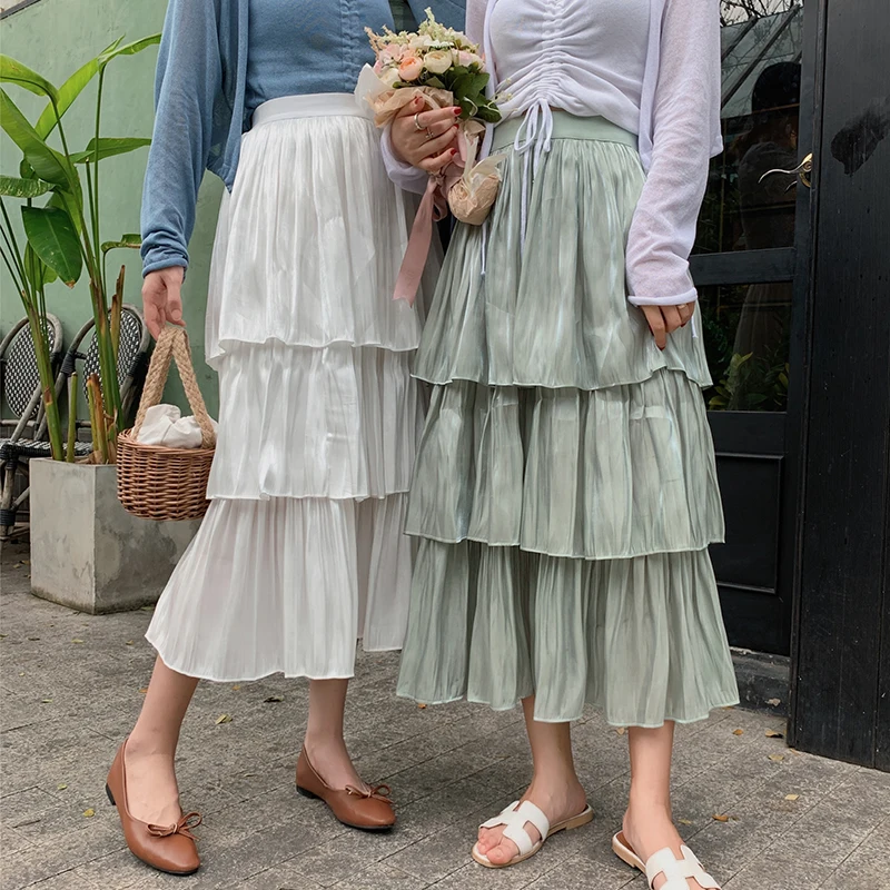 4 цвета, корейский стиль, высокая талия, женские длинные юбки, летние миди плиссированные женские юбки, многослойные юбки, женские(mm7936