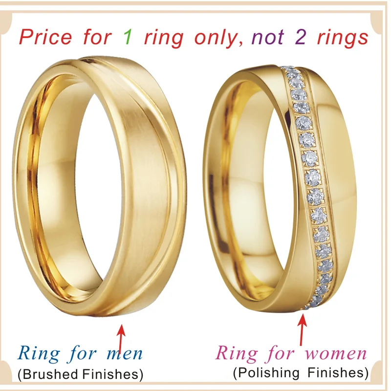 Wedding Band Rings Men Gold color aneis anel masculino size 15 feminino anillos Cubic Zirconia Engagement Couple Rings For Women