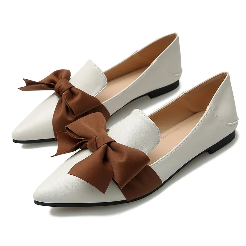 Taomengsi/ г. Женская обувь новые стильные туфли на плоской подошве с острым носком и бантиком, большой размер 33-43, лоферы - Цвет: Белый