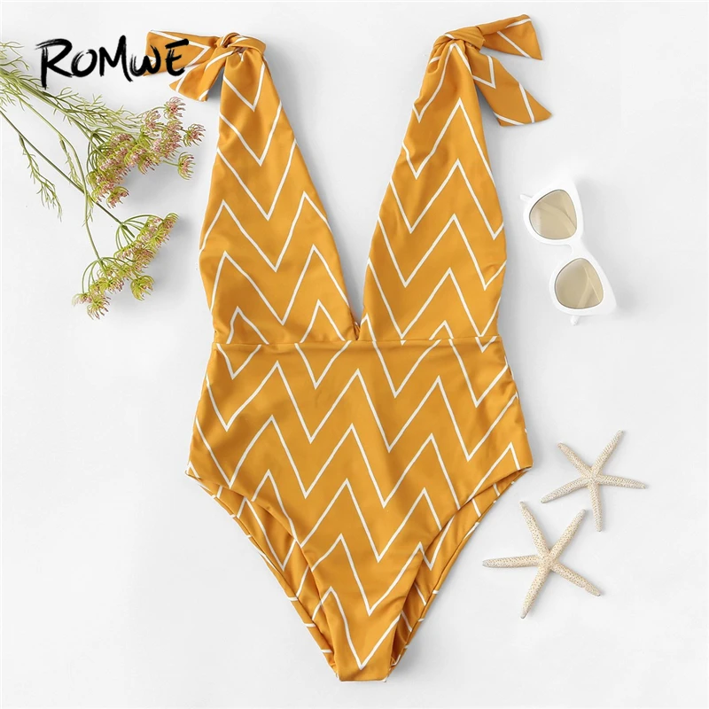 

Romwe Sport Chevron Self Tie V Neck Monokini Summer Sexy Swimsuit Women Beach Wireless One Piece Bathing Suit High Cut Swimsuit