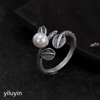 

KJJEAXCMY boutique jewelryar S990 pure silver, antique, mosaic, pearl leaf openings, female character, simple and versatile, ste