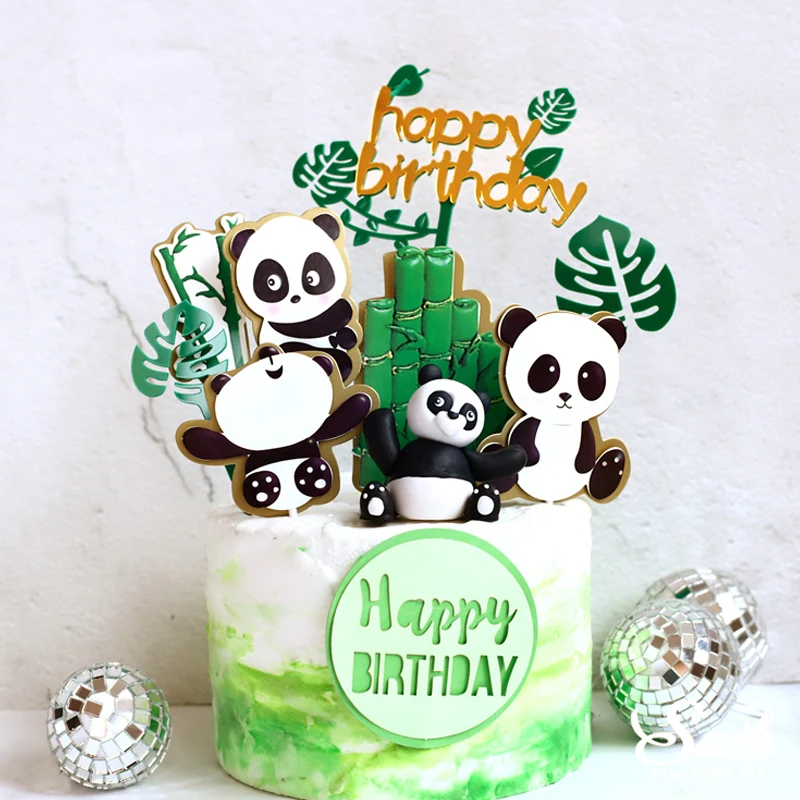 Panda bamboo Cake Topper Happy Birthday Turtle leaf Clay Decoration for Children's Boy Girl Party Supplies Baking Lovely Gifts