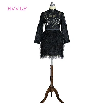 

Black 2018 Elegant Cocktail Dresses A-line High Collar Long Sleeves Short Mini Lace Feather Short Party Homecoming Dresses