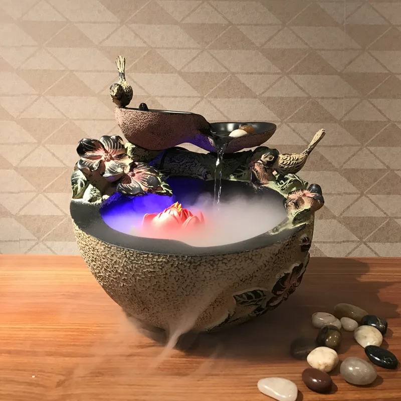 

Flower BirdResin Water Fountains Living Room Office Desktop Feng Shui Wheel Decor LED Light Fish Tank Wedding Creative Gift