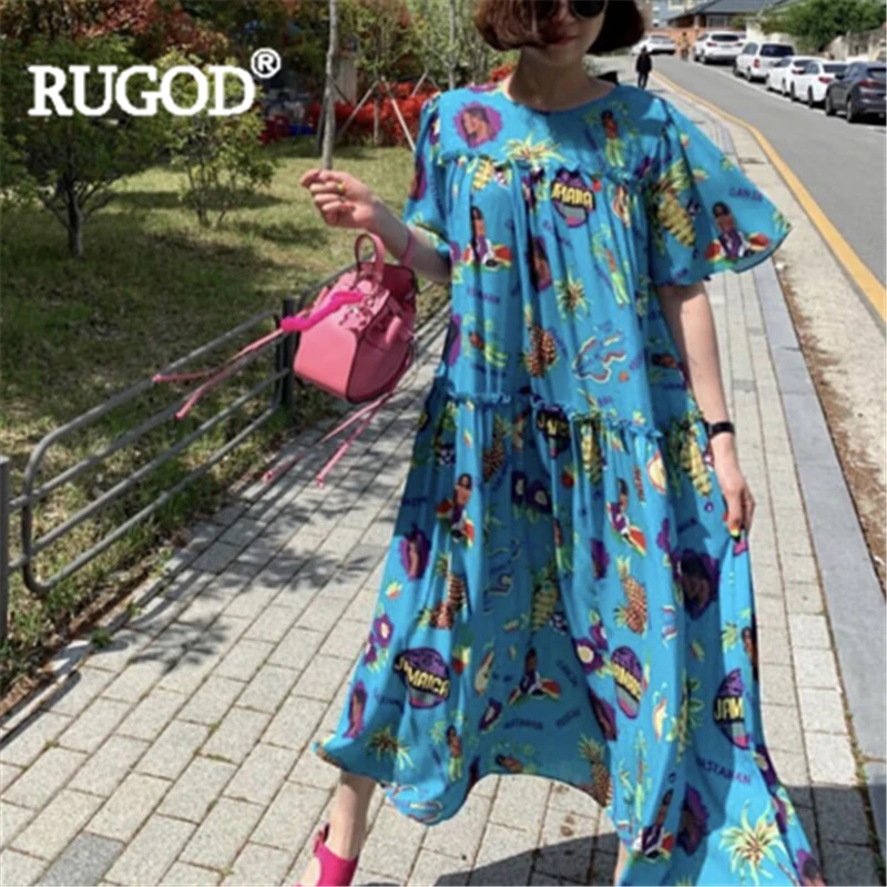 

RUGOD Women chic print long dress childlike sweet o-neck loose tie korean maxi dress new summer fashionable feminine clothing