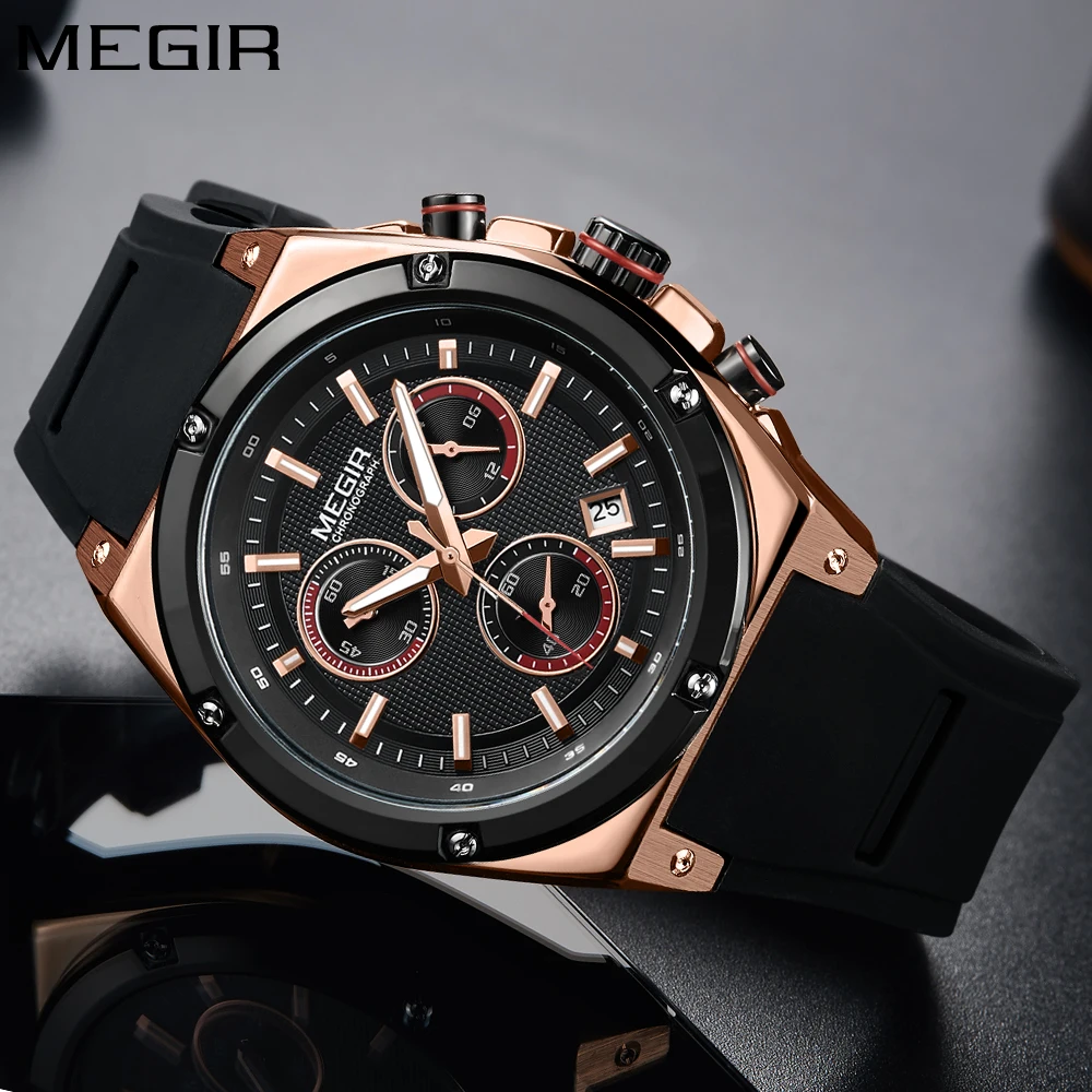 

MEGIR Mens Watches Top Brand Luxury Silicone Band Gold Watch Men Quartz Waterproof Military Sport Wrist Watch reloj hombre 2018