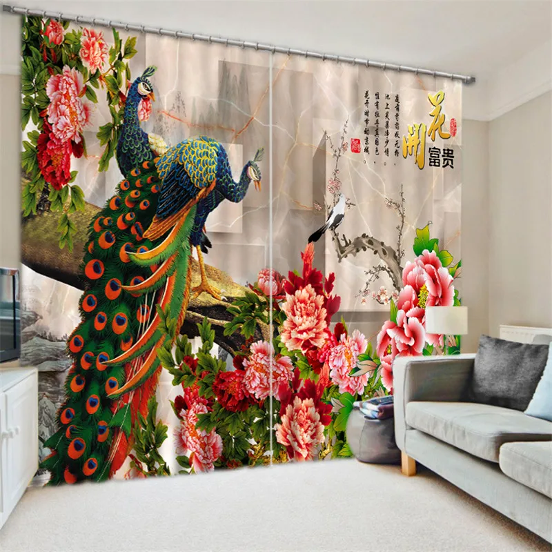 Peacock 3D Blackout Curtains For Bedding room Living room Drapes