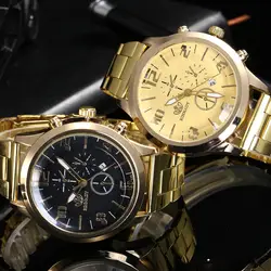 Новая распродажа золото Нержавеющая сталь кварцевые Для мужчин часы лучший бренд роскошных Календари наручные часы Мода Повседневное