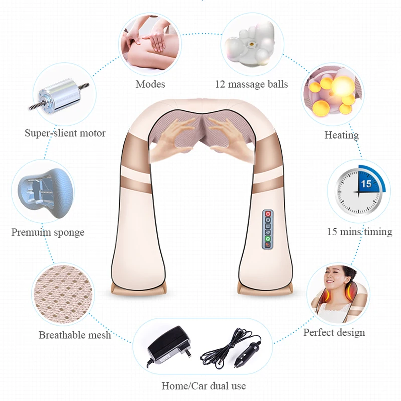 JinKaiRui 12 массажных шариков u-образной формы Электрический Шиацу Разминание спины шеи плеча тела 4D Инфракрасный нагревательный массажер автомобиль домашний Релакс
