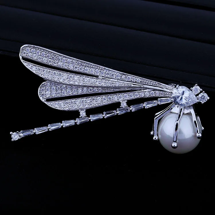 

Popular Vintage Pave CZ Cubic Zirconia Insect Dragonfly Brooch Pin Shell Pearl Green Eyes Women Jewelry