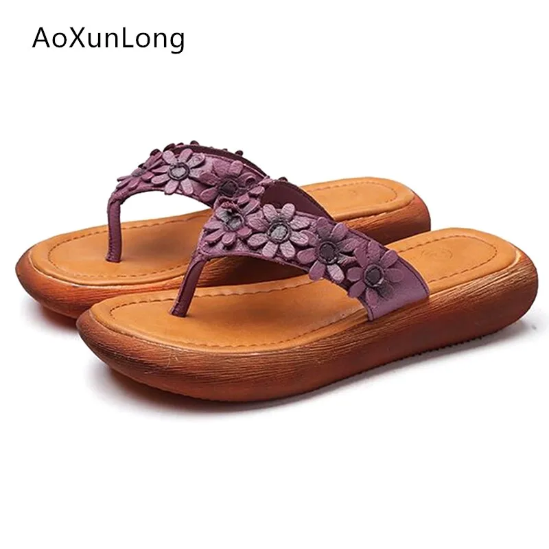 Женские винтажные кожаные шлепанцы сланцы с цветочным принтом Нескользящие