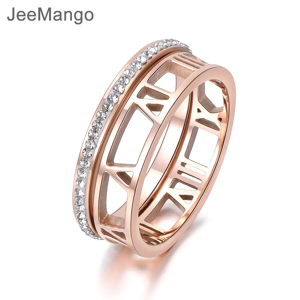 

Jeemango Classic 2 In 1 Stainless Steel Ring Hollow Out Roman Numerals Rose Gold Jewelry Party Jewelry For Women Anneau R18144