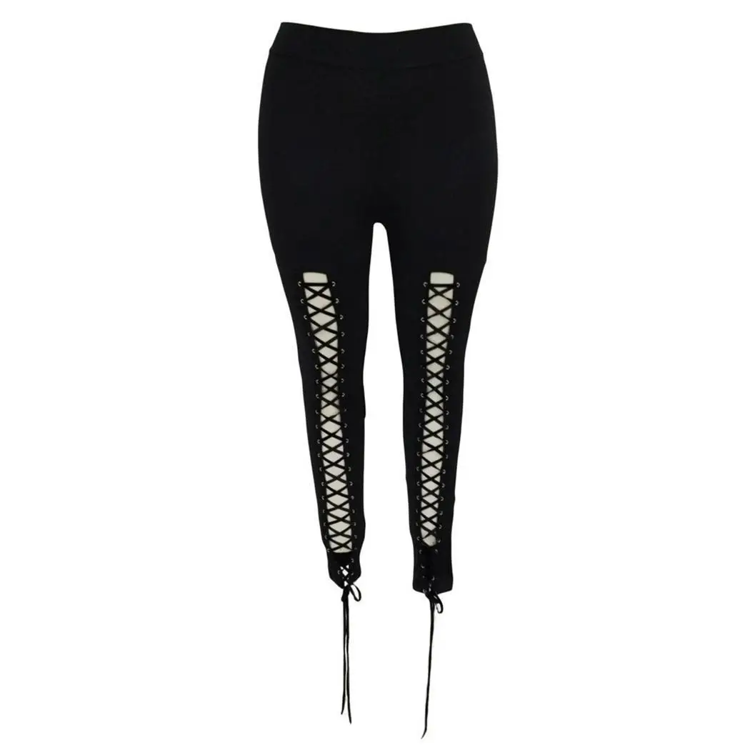 

Women Casual Solid Elastic Cross Straps Long Black Waist Exercising Yoga Pants Leggings