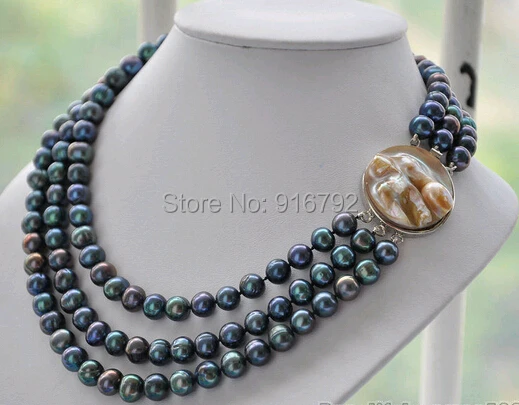 

free P&P >>3strands 9mm peacock black round freshwater pearl necklace 17-19inch
