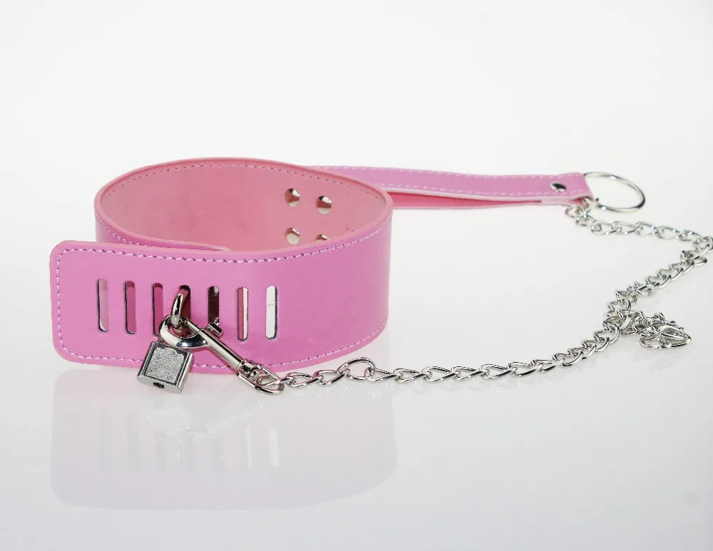 Pink Leather Lock Catch Bdsm Fetish Bondage Sex Collar And Leash Adult 