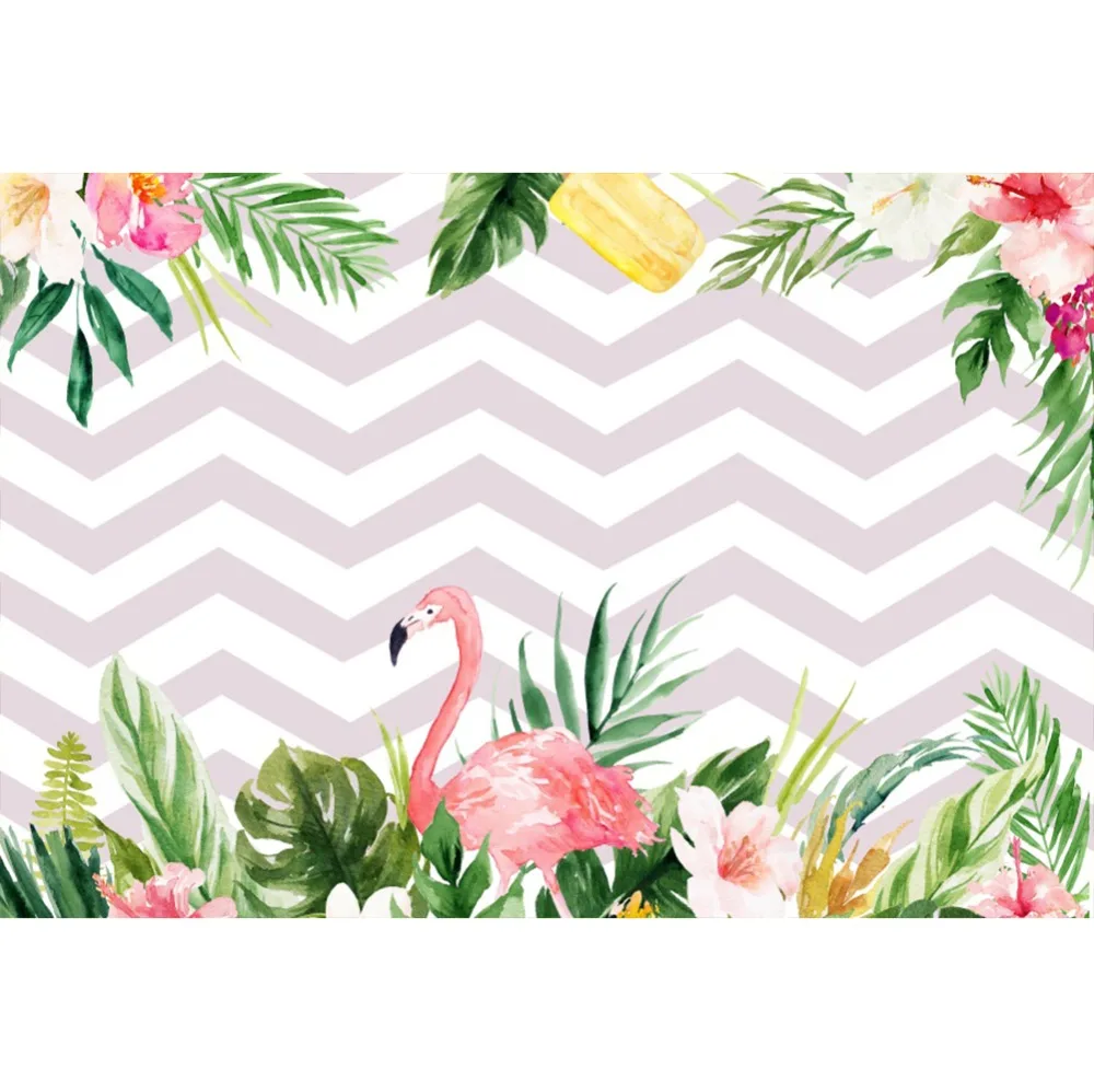 Laeacco Photo Backgrounds Flamingos Baby Birthday Party Chevrons Stripes Palm Tree Leaves Poster Photo Backdrop For Photo Studio