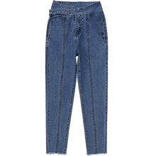 Для женщин Капри Джинсы для женщин Весна новая галстук Высокая Талия Отрезать Джинсовые Дамские шаровары для женские повседневные свободные Blue Jean мотобрюки