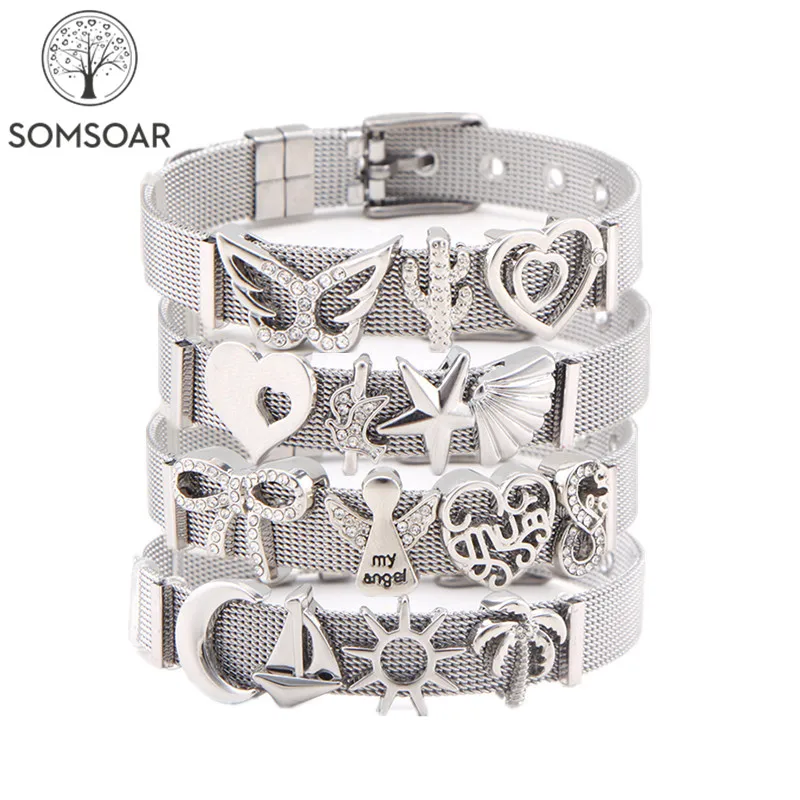 

Somsoar Jewelry Silver Stainless Steel Mesh Bracelet Bangles with New Arrival Slide Charms Bracelets as Woman Best Gift