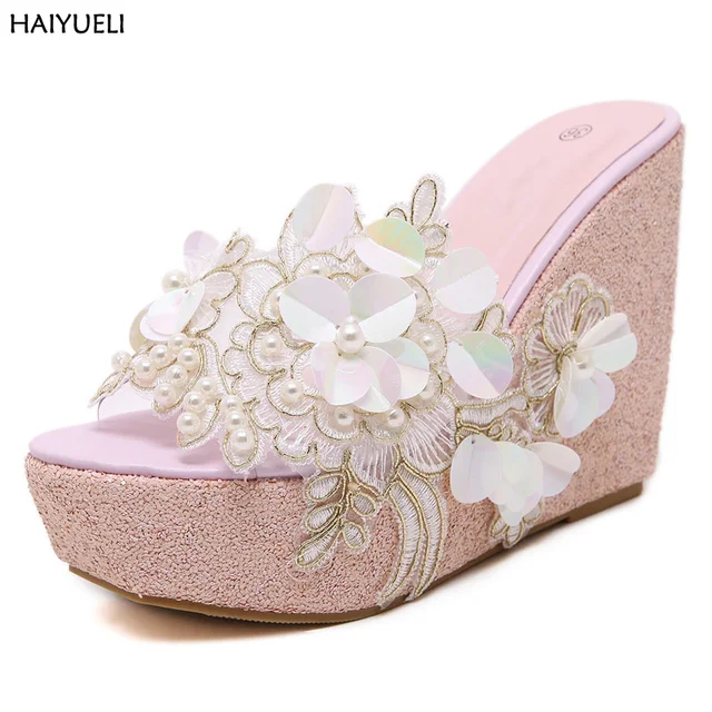Summer sandals Beaded flowers platform wedges women slippers fashion flip flops hot bohemian national style women sandals