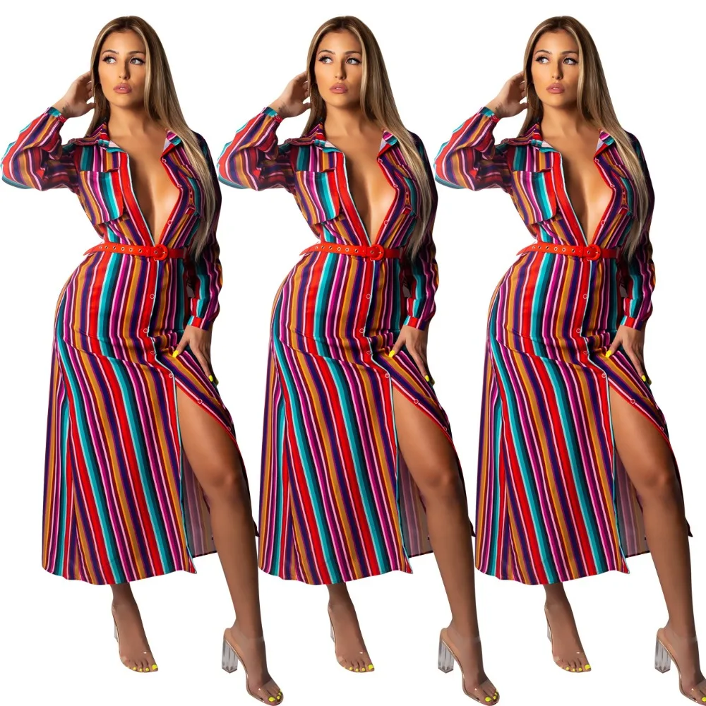 AHVIT Colorful Striped Print Sexy T Shirt Dress Turn Down Collar Full Sleeve Single Breasted Fashion Women Maxi YD-Y8043 | Женская