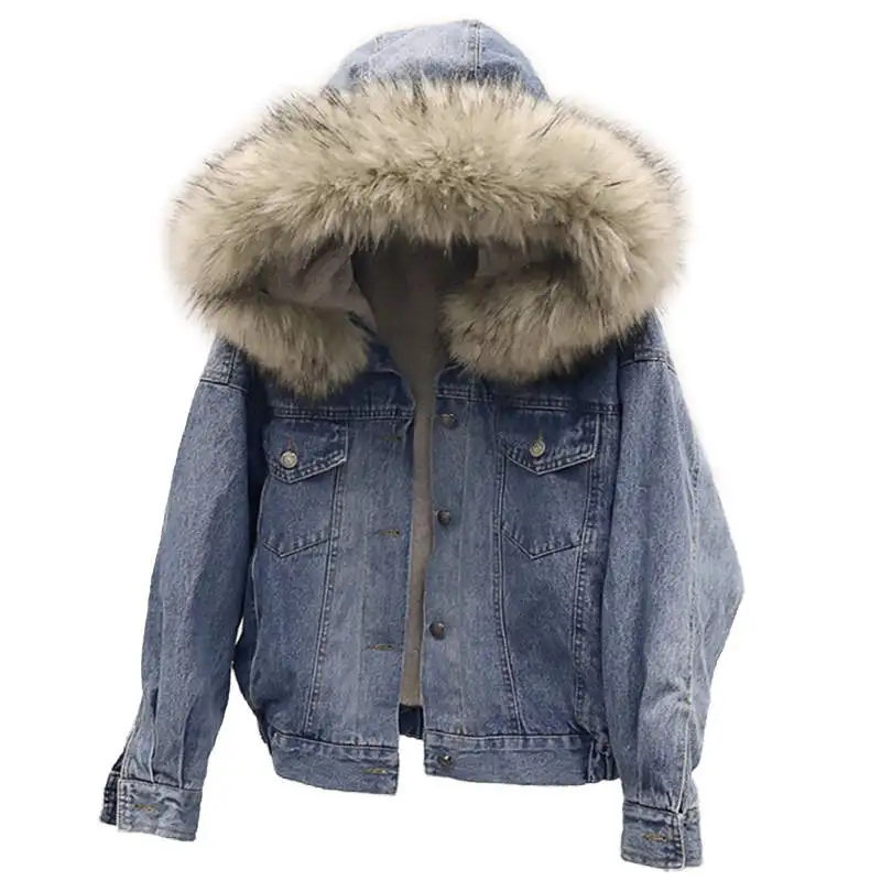 

Lambs Wool Denim Women Winter Jacket Plus Velvet Thick Short Cotton Jeans Jacket Female Hoodies Faux Fur Collar Women Coat C5136