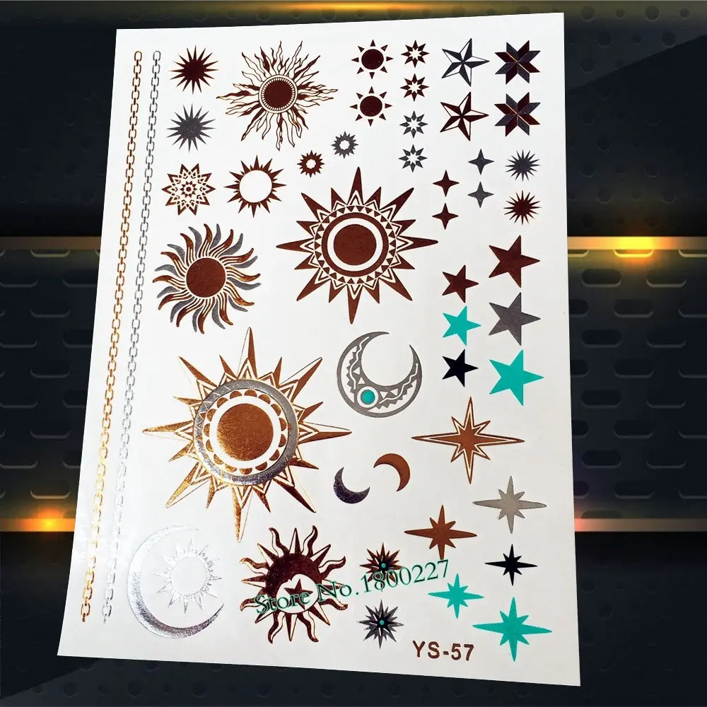

1PC Temp Metal Tattoo Stickers Gold Star Sun Silver Color Moon PYS-57 Star Galaxy Flash Waterproof Tattoo Paster Summer G0510
