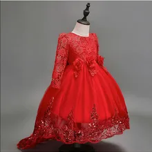 Кружевное платье с цветами для девочек; шикарное осеннее длинное платье со шлейфом и длинными рукавами для свадьбы, дня рождения, вечеринки; платье-пачка принцессы для выпускного вечера