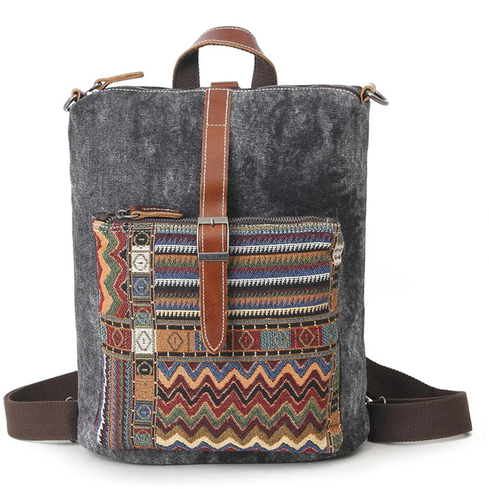 Этнический холщовый рюкзак для женщин, национальные рюкзаки для отдыха и путешествий, рюкзак с вышивкой сзади, Студенческая школьная сумка - Цвет: Черный