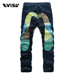 Evisu 2018 Для мужчин hipster джинсы Повседневное модные штаны на молнии Для мужчин карманов джинсы прямые длинные классические небесно-голубые